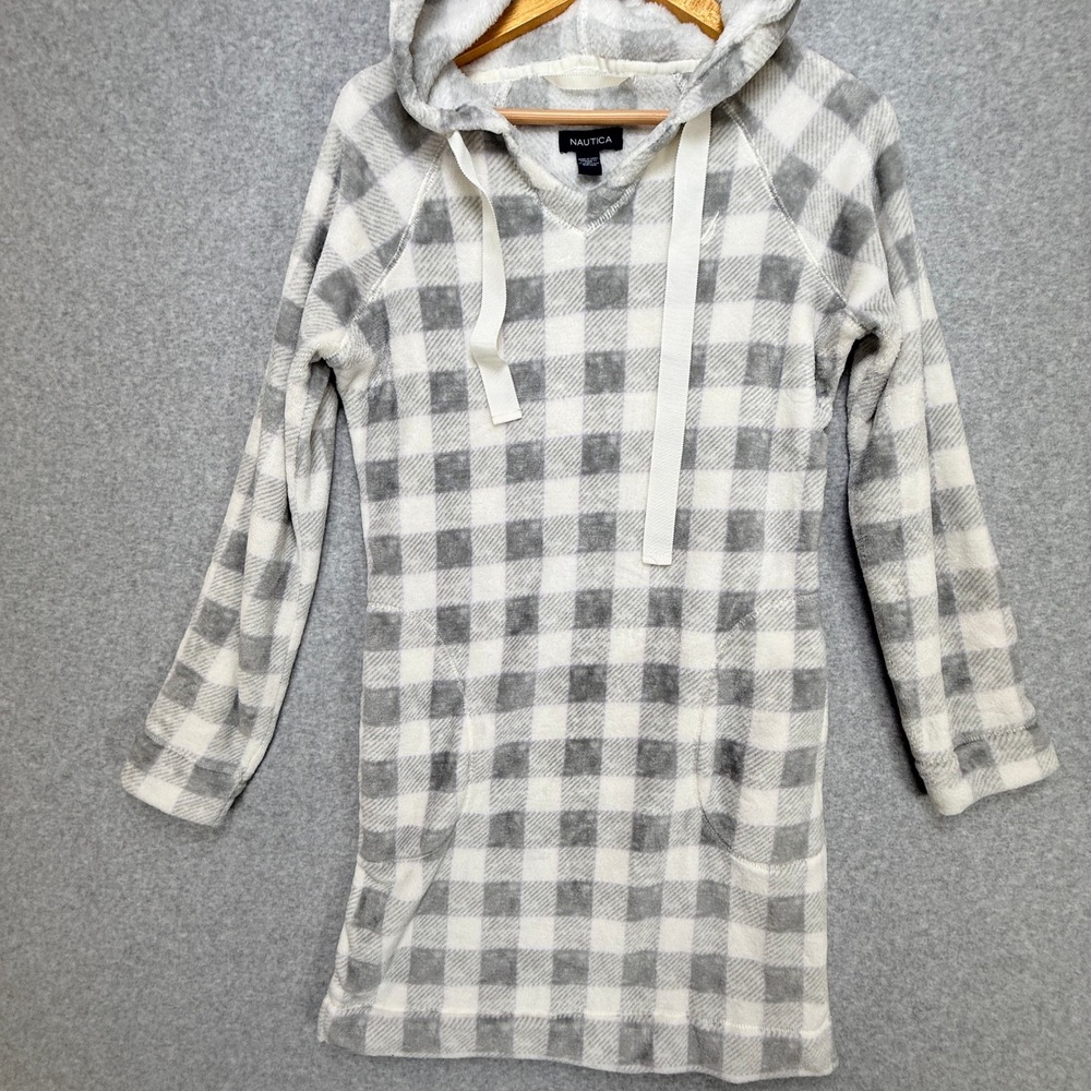 Nautica Hooded Sleep Tunic Buffalo Plaid Plush Fleece‎ Loungewear S